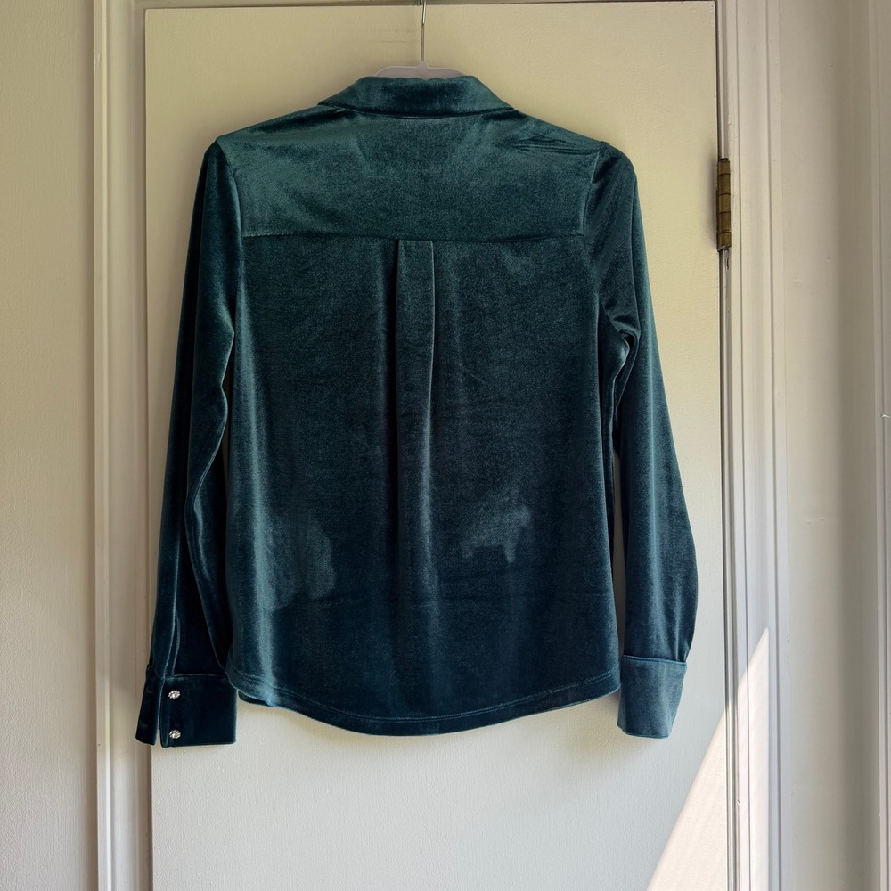 Boden Womens Velvet Button Down Shirt Dark Teal Green Rhinestone Buttons Size 8 - Picture 7 of 9